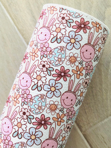 Printed Pebbled Faux Leather Retro Bunny and Florals