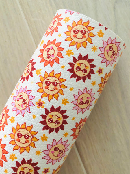 Printed Pebbled Faux Leather Sun and Flowers
