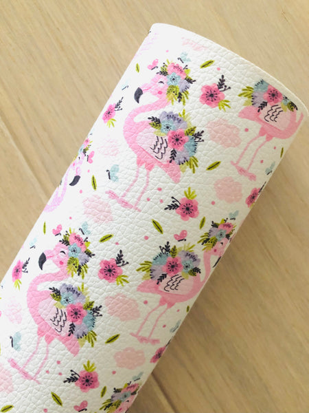 Printed Pebbled Faux Leather Flamingo and Pink Flowers