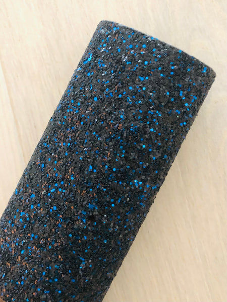 Black and Blue Chunky Glitter Fabric - Black Twill Backing