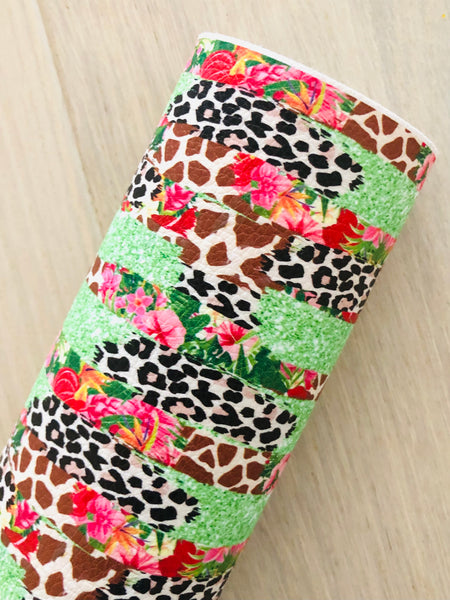 Printed Pebbled Faux Leather Leopard and Tropical Flowers