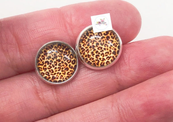 12mm Brown Leopard Cabochon Glass Doom - 5 Pairs
