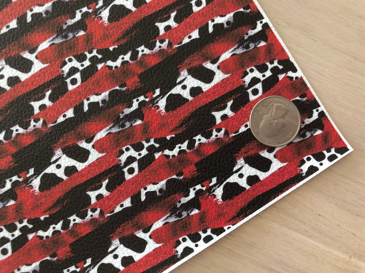 Custom Printed Pebbled Faux Leather Cow Print and Red Brushstroke Desi