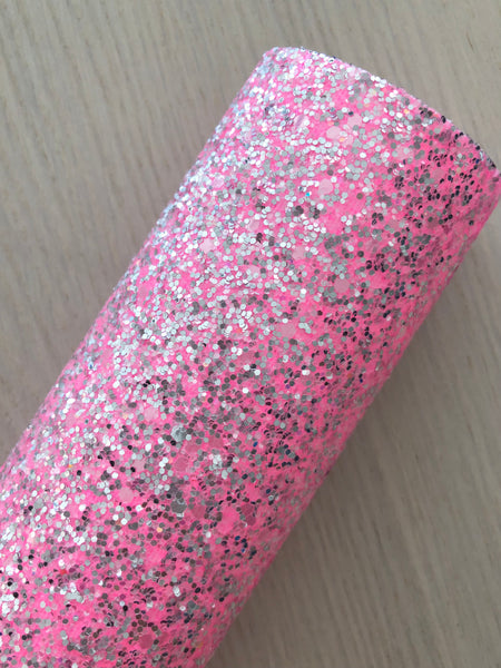 Pink and Silver Chunky Glitter Fabric - White Twill Backing