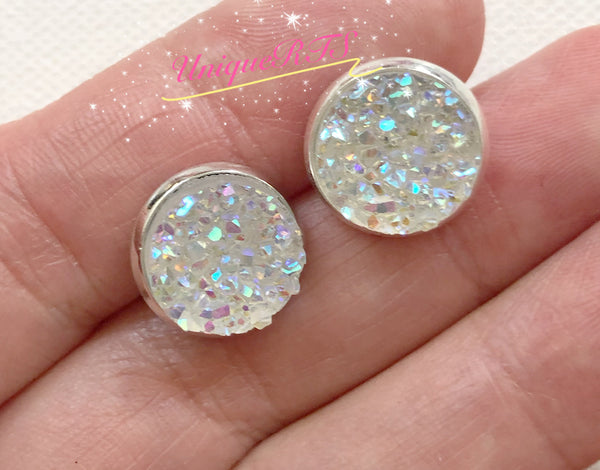 Iridescent White Clear Crystal Faux Druzy Cabochons (10pcs)
