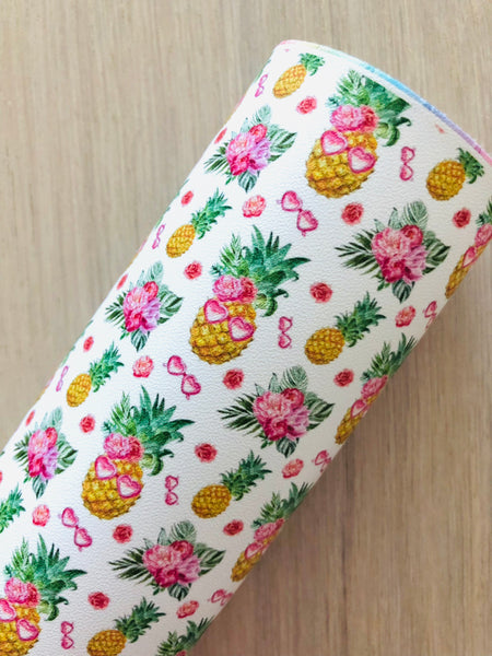 Custom Printed Smooth Leather Summer Pineapple with Flowers