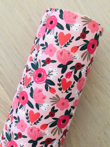 Custom Printed Smooth Leather Pink Flowers with Hearts