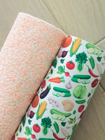 Custom Printed Smooth Faux Leather with Garden Vegetable Design