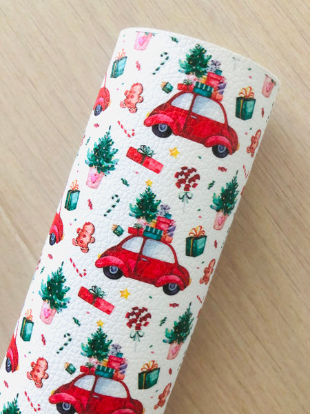 Printed Pebbled Faux Leather Christmas Red Wagon