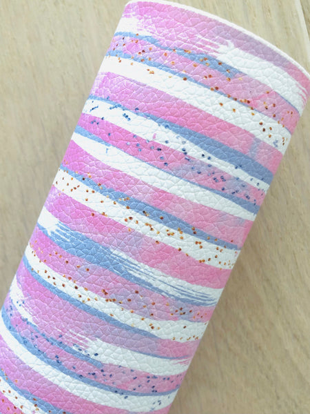 Printed Pebbled Faux Leather Pink, Blue and White Wavy Lines