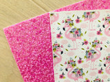Printed Pebbled Faux Leather Flamingo and Pink Flowers