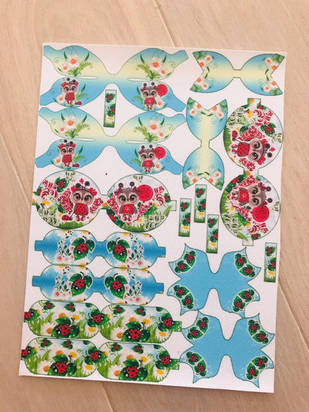 Printed Faux Leather Sheet with Print On Bow Shapes Ladybugs with balloons