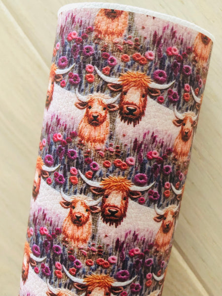 Printed Pebbled Faux Leather Highland Cow and Floral