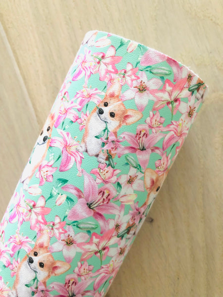 Custom Printed Smooth Faux Leather Corgi and Pink Flowers