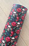 Printed Pebbled Faux Leather Skulls and Roses