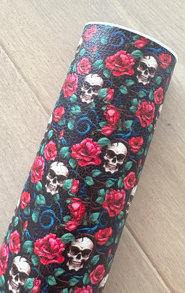 Printed Pebbled Faux Leather Skulls and Roses