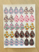 Printed Faux Leather Sheet with Print On Teardrop Earring Shape