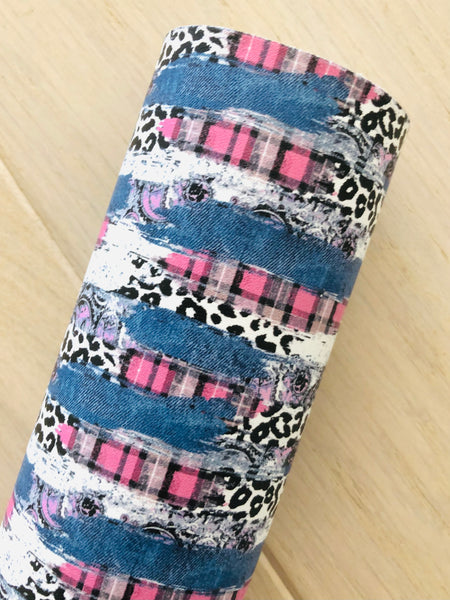 Custom Printed Smooth Faux Leather with a Leopard, Plaid and Brushstroke Design