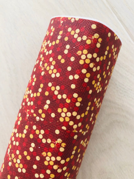 Printed Cross Textured Faux Leather Red and Gold Dots