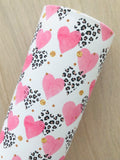 Custom Printed Smooth Leather Leopard and Pink Hearts