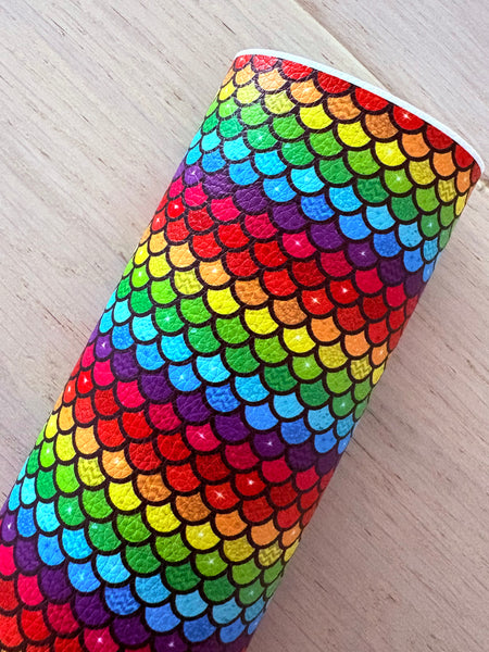 Printed Pebbled Faux Leather Rainbow Mermaid Scale