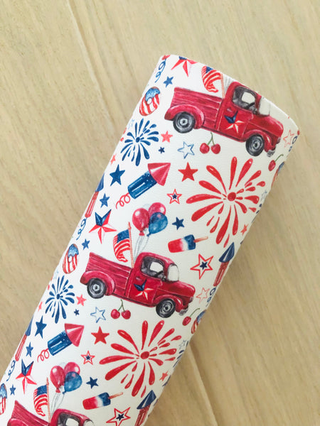 Custom Printed Smooth Faux Leather July 4th Fireworks and Red Trucks