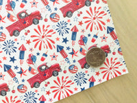 Custom Printed Smooth Faux Leather July 4th Fireworks and Red Trucks