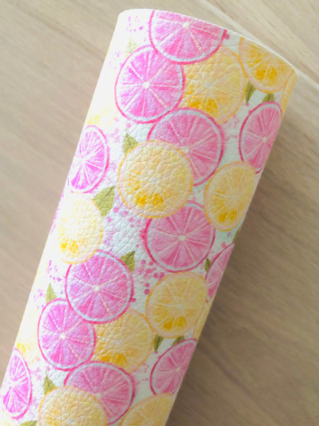 Printed Pebbled Faux Leather Yellow and Pink Lemon Slices