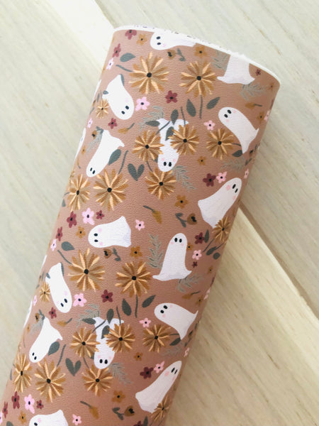 Custom Printed Smooth Faux Leather Ghost and Floral Design   - Felt Backing