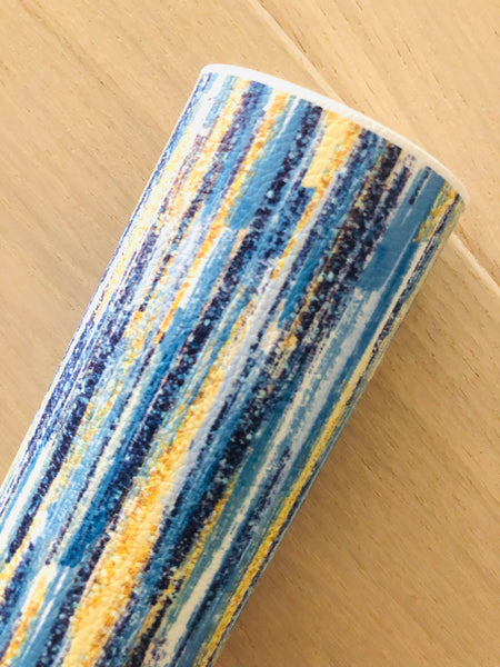 Printed Pebbled Faux Leather Blue and Gold Brushworks