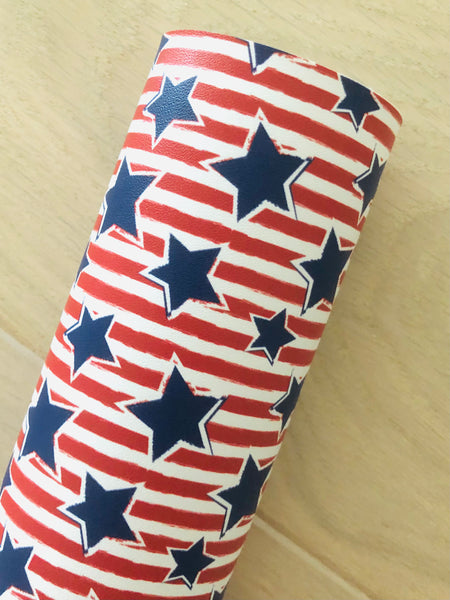 Custom Printed Smooth Leather with Blue Stars on Red Strips Design