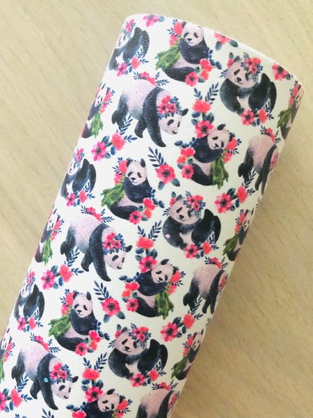 Custom Printed Smooth Leather Panda Bear and Floral - Felt Backing