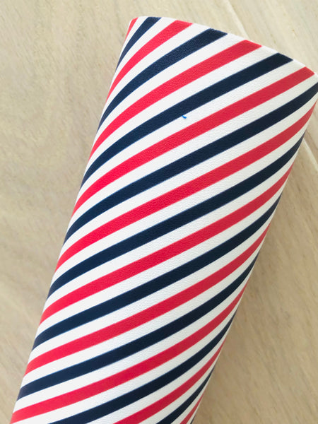 Custom Printed Smooth Faux Leather Red, White and Blue Lines