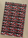 Custom Printed Pebbled Faux Leather Cow Print and Red Brushstroke Design