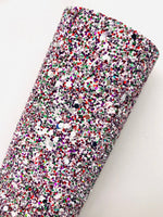 Mixed White, Red, Green and Purple Chunky Glitter Fabric - White Canvas Backing