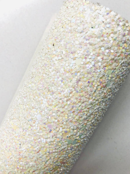Off White Chunky Glitter Fabric Sheet - White Canvas Backing