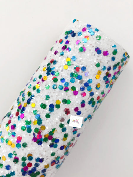 Confetti Poppers, Lux White Chunky Glitter Fabric Sheet with Colorful  Glitters