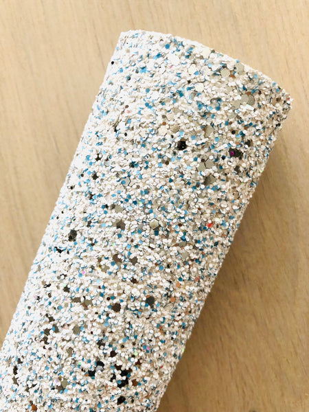 Premium White Chunky Glitters Fabric with Mixed Blue and Silver Glitters - Canvas Backing