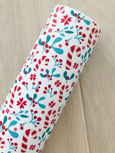 Custom Printed Smooth Leather Christmas Red Berries, Candy Cane Design - Soft Felt Backing