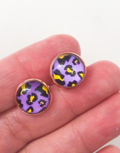 12mm Colorful Leopard on Purple Background Cabochon Glass Doom - 5 Pairs