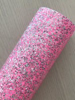 Pink and Silver Chunky Glitter Fabric - White Twill Backing