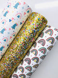 Gold Chunky Glitter Fabric with Blue, Pink, Purple Colorful Glitters and Tinsel - White Twill Back