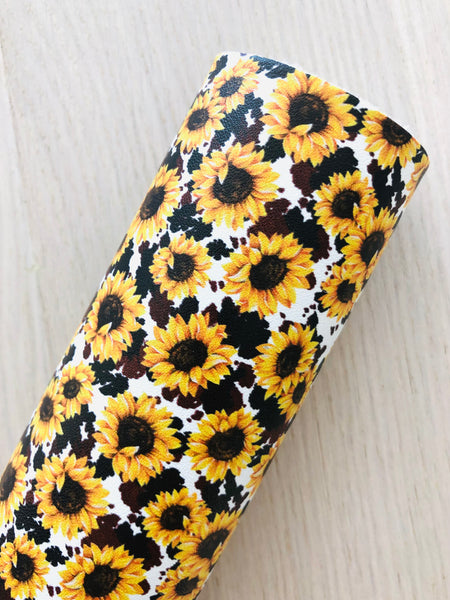 Custom Printed Smooth Faux Leather Sunflower on Cow Print Background