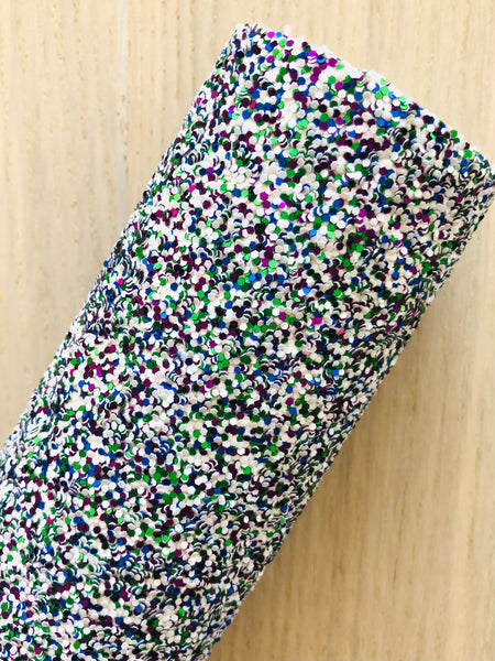 Premium Mixed Green, White, Purple and Blue Chunky Glitter Fabric Sheet - Canvas Backing