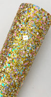 Gold Chunky Glitter Fabric with Blue, Pink, Purple Colorful Glitters and Tinsel - White Twill Back